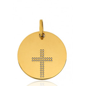 Pendentif rond or jaune 18 carats et croix ajourée