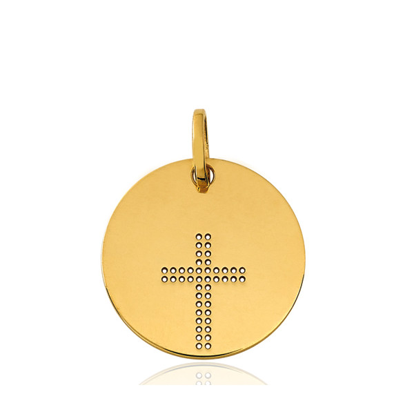 Pendentif rond or jaune 18 carats et croix ajourée