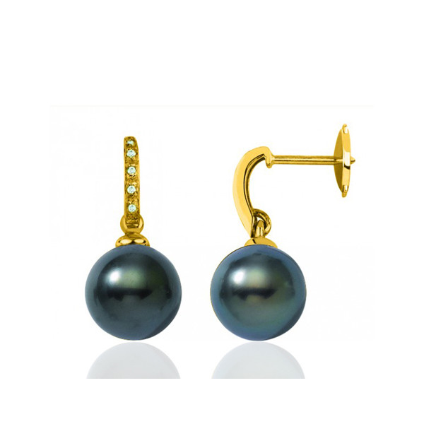 Boucles d'oreilles diamant 0,08 carat, perles de Tahiti 8/9 mm et or 18 carat