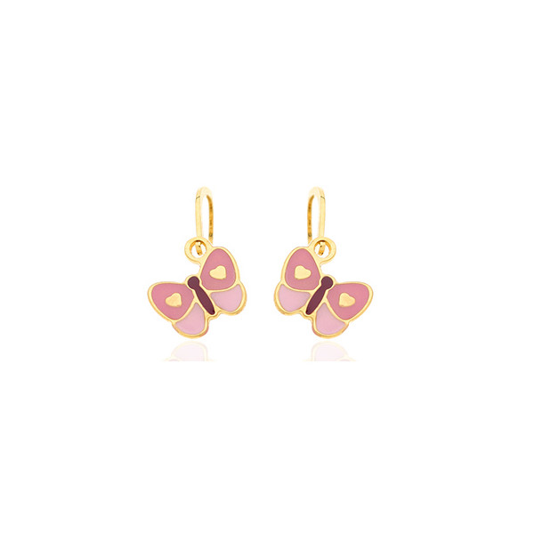 Boucles D'oreilles Enfant En Or 9 Carats – Papillon émail Rose – Coffret Cadeau – Certificat De Garantie