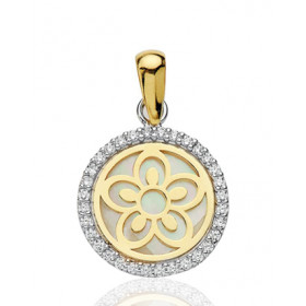 Pendentif deux ors 18 carats, nacre et zirconiums "fleur" 12 mm