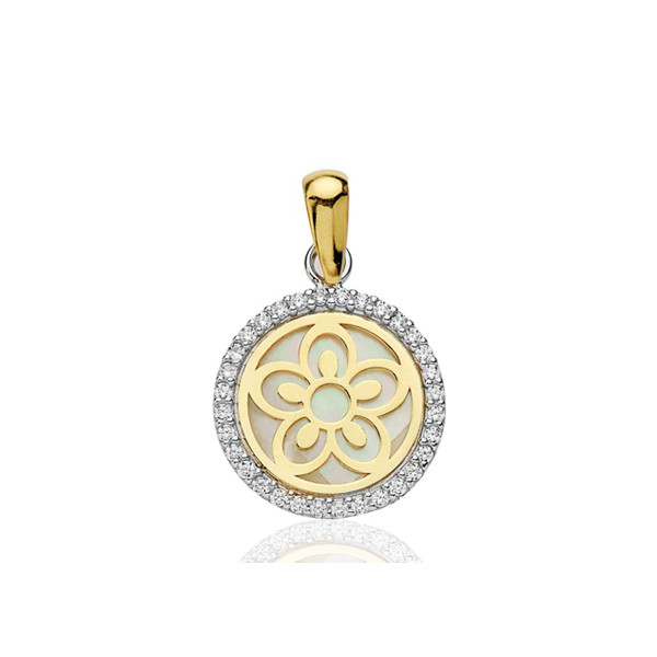 Pendentif deux ors 18 carats, nacre et zirconiums "fleur" 12 mm