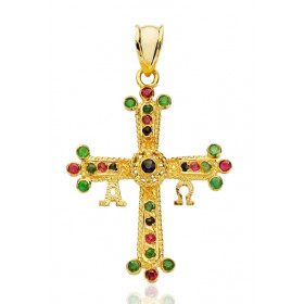 Pendentif or 18 carats croix Covadonga, rubis, emeraudes, saphirs