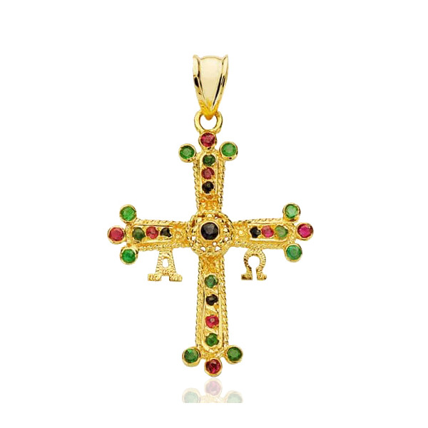 Pendentif or 18 carats croix Covadonga, rubis, emeraudes, saphirs