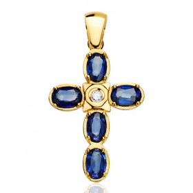 Pendentif croix or 18 carats, saphirs et diamant 0,045 carat