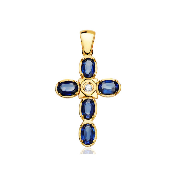 Pendentif croix or 18 carats, saphirs et diamant 0,045 carat