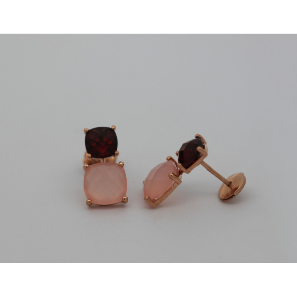 Boucles d'oreilles calcédoine et grenat "coussin" et or rose 18 carats