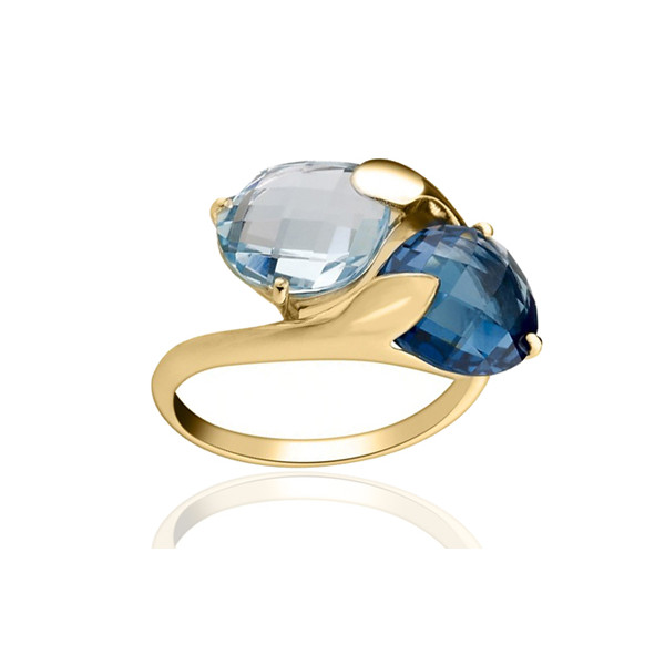 Bague or jaune 18 carats, topaze bleue et topaze blue London 11 x 9 mm