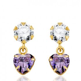 Boucles d'oreilles améthyste, zirconium et or jaune 18 carat "cœurs"