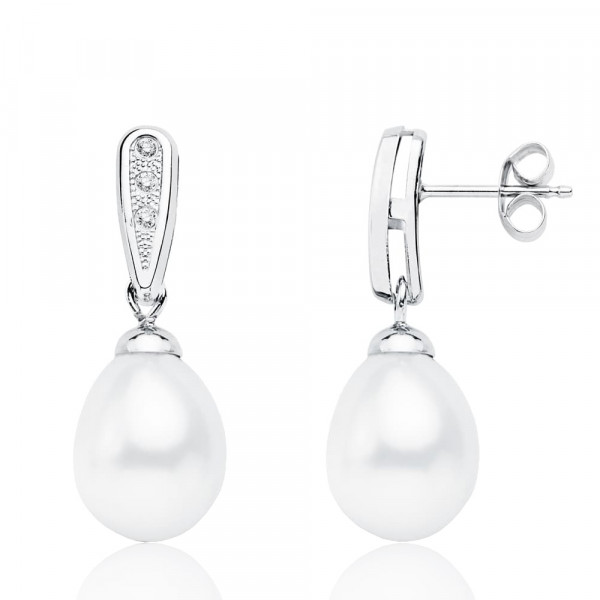 Boucles d'oreilles perle de culture, zirconium et or 18 carat