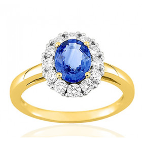 Bague diamant 0,48 carat, saphir de Ceylan et or jaune 18 carats