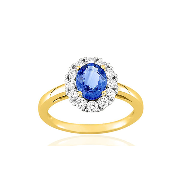 Bague diamant 0,48 carat, saphir de Ceylan et or jaune 18 carats