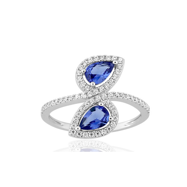 Bague diamant 0,31 carat, saphirs de Ceylan et or blanc 18 carats