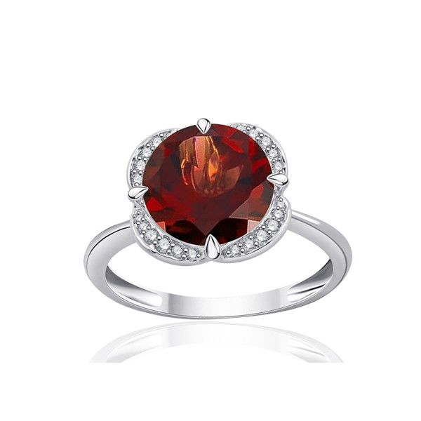 Bague or blanc 9 carats, grenat et diamant 0,08 carat Kalista