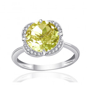 Bague or blanc 9 carats, quartz lemon et diamant 0,08 carat Kalista