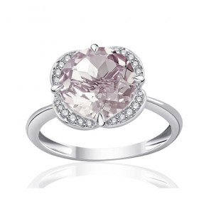 Bague or blanc 9 carats, quartz rose et diamant 0,08 carat Kalista