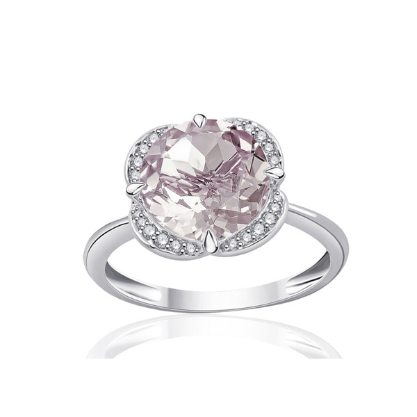 Bague or blanc 9 carats, quartz rose et diamant 0,08 carat Kalista