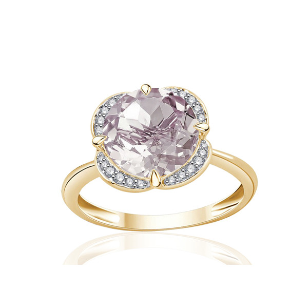 Bague or jaune 9 carats, quartz rose et diamant 0,08 carat Kalista