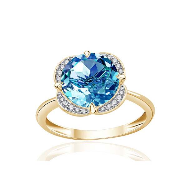 Bague or jaune 9 carats, topaze Swiss Blue et diamant