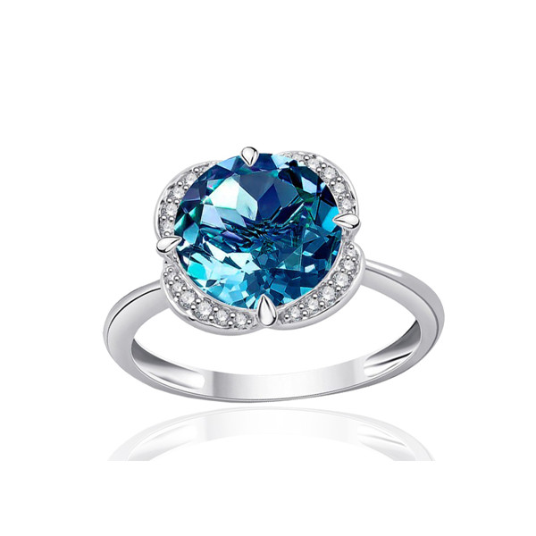 Bague or blanc 9 carats, topaze Blue London et diamant 0,08 carat