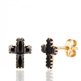 Boucles d'oreilles or 18 carats "croix" et zirconiums noirs