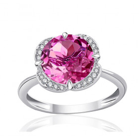 Bague or blanc 9 carats, topaze rose et diamant 0,08 carat Kalista