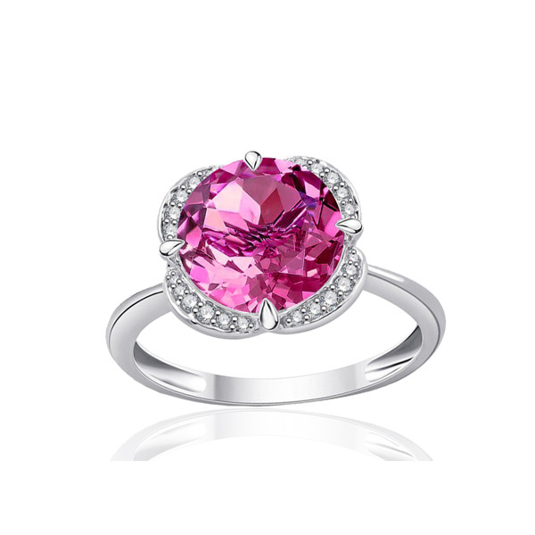 Bague or blanc 9 carats, topaze rose et diamant 0,08 carat Kalista
