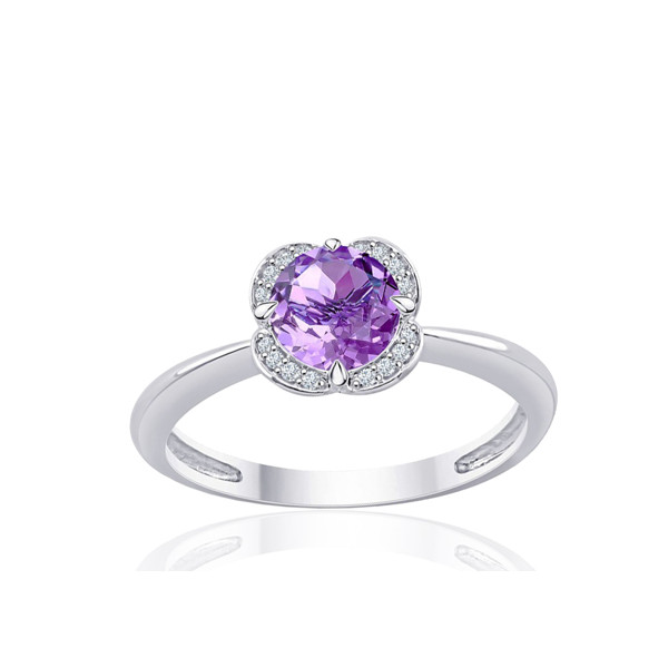 Bague or blanc 9 carats, améthyste et diamant 0,04 carat
