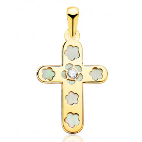 Pendentif croix en or 18 carats, nacre et zirconium