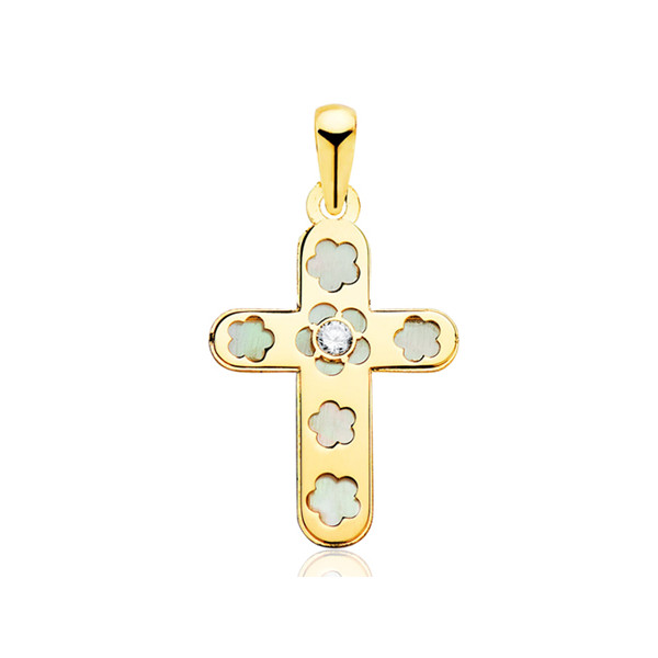 Pendentif croix en or 18 carats, nacre et zirconium
