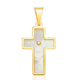 Pendentif croix en or 18 carats, nacre et zirconium