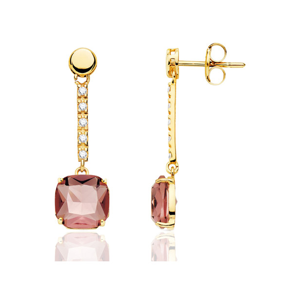 Boucles d'oreilles or jaune 18 carats, kunzite et zirconiums