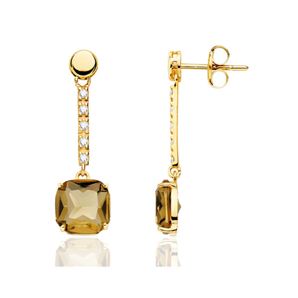 Boucles d'oreilles or 18 carats, quartz fumé et zirconiums