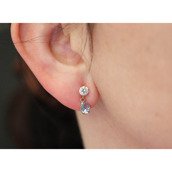 Boucles d'oreilles aigue-marine, zirconium et or jaune 18 carats
