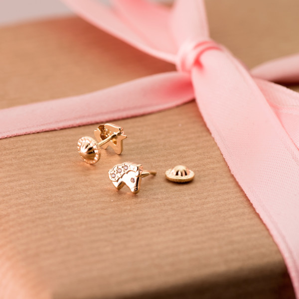 Boucles d'oreilles or jaune 18 carats "licorne" et zirconium pour enfant