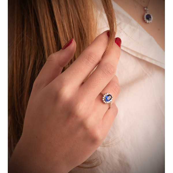 Bague diamant 0,29 carat, saphir 0,98 carat et or blanc 18 carats