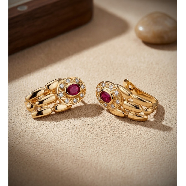 Boucles d'oreilles rubis, zirconium et or 18 carats