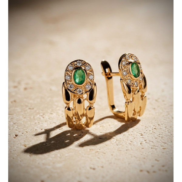 Boucles d'oreilles émeraude, zirconium et or 18 carats