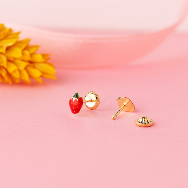 Boucles d'oreilles or jaune 18 carats laqué "fraises" pour enfant