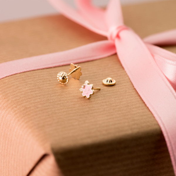 Boucles d'oreilles or jaune 18 carats laqué "fleur" et zirconium pour enfant