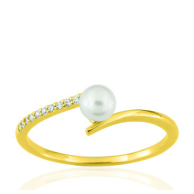 Bague or jaune 18 carats et perle de culture 4 mm et zirconiums