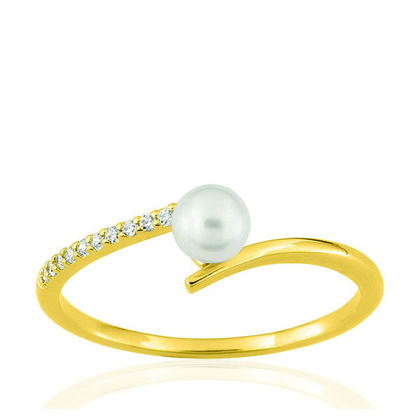 Bague or jaune 18 carats et perle de culture 4 mm et zirconiums