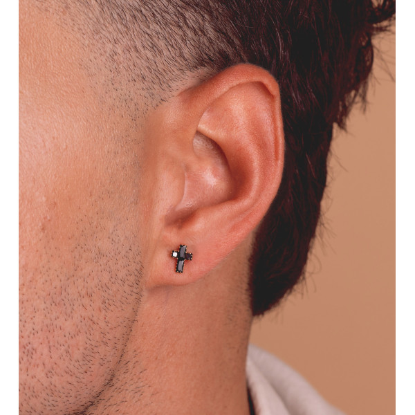 Boucles d'oreilles or 18 carats "croix" et zirconiums noirs