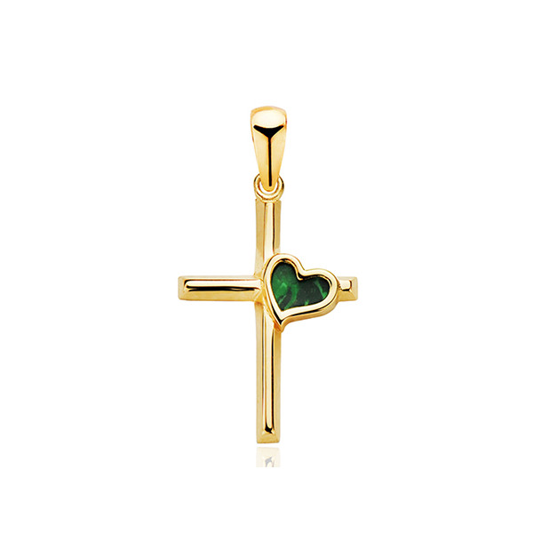 Pendentif croix or 18 carat et cœur malachite