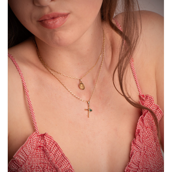 Pendentif croix or 750/1000 et cœur malachite