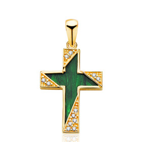 Pendentif croix or 18 carat, zirconiums  et malachite