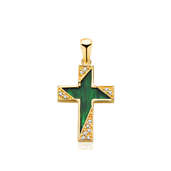 Pendentif croix or 18 carat, zirconiums  et malachite