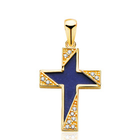 Pendentif croix or 18 carat, zirconiums et lapis-lazuli