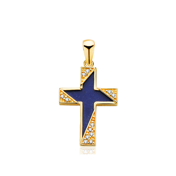 Pendentif croix or 18 carat, zirconiums et lapis-lazuli