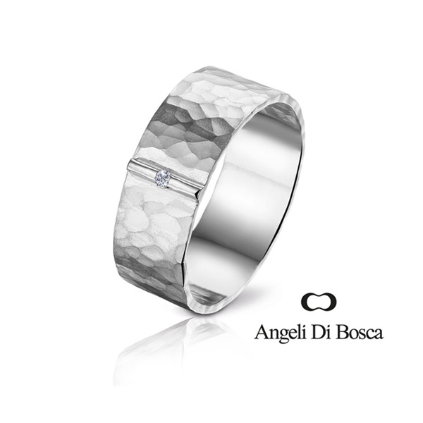 Bague alliance Angeli Di Bosca en or blanc 18 carats martelé et diamant 0,010 carat